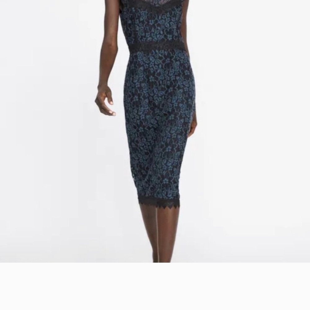 Zara Basic Midnight Blue Lace Midi Contrasting Dress Sz XL